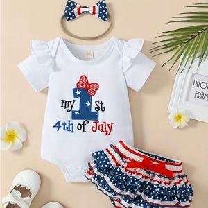 4th of July Baby Girl Onesie set includes Ruffled Bottom and Bow